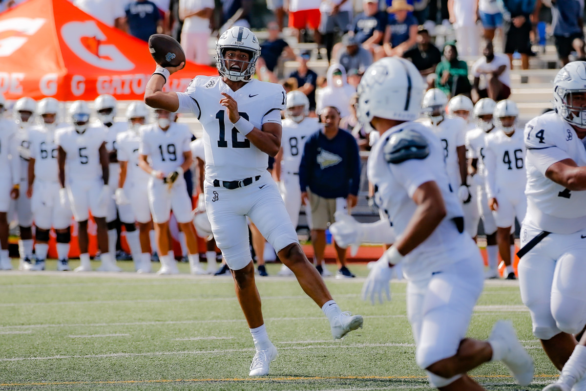 Caleb Sanchez (12) during a 20-7 win at St. Thomas Aquinas (Fort Lauderdale, Fla.) on Aug. 26, when he threw for 356 yards and two touchdowns in a nationally-televised game.  